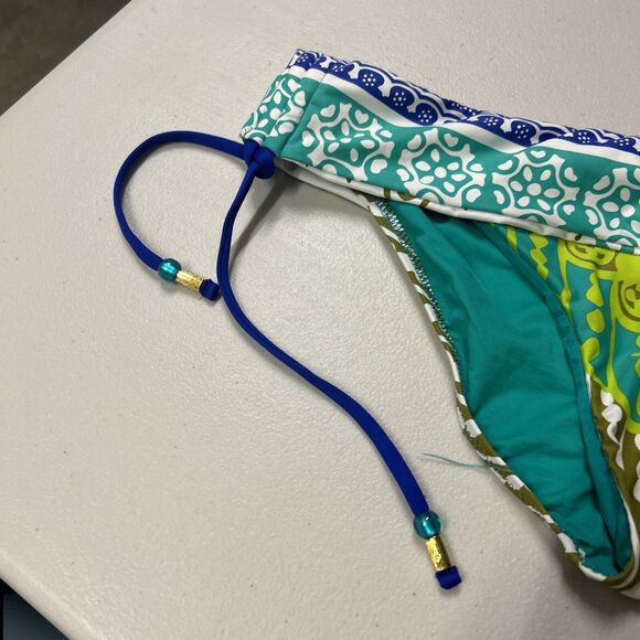 Trina Turk Bikini Bottom Ruching Tassel Size 8 Green Wave Blue Multi Color - Picture 3 of 9